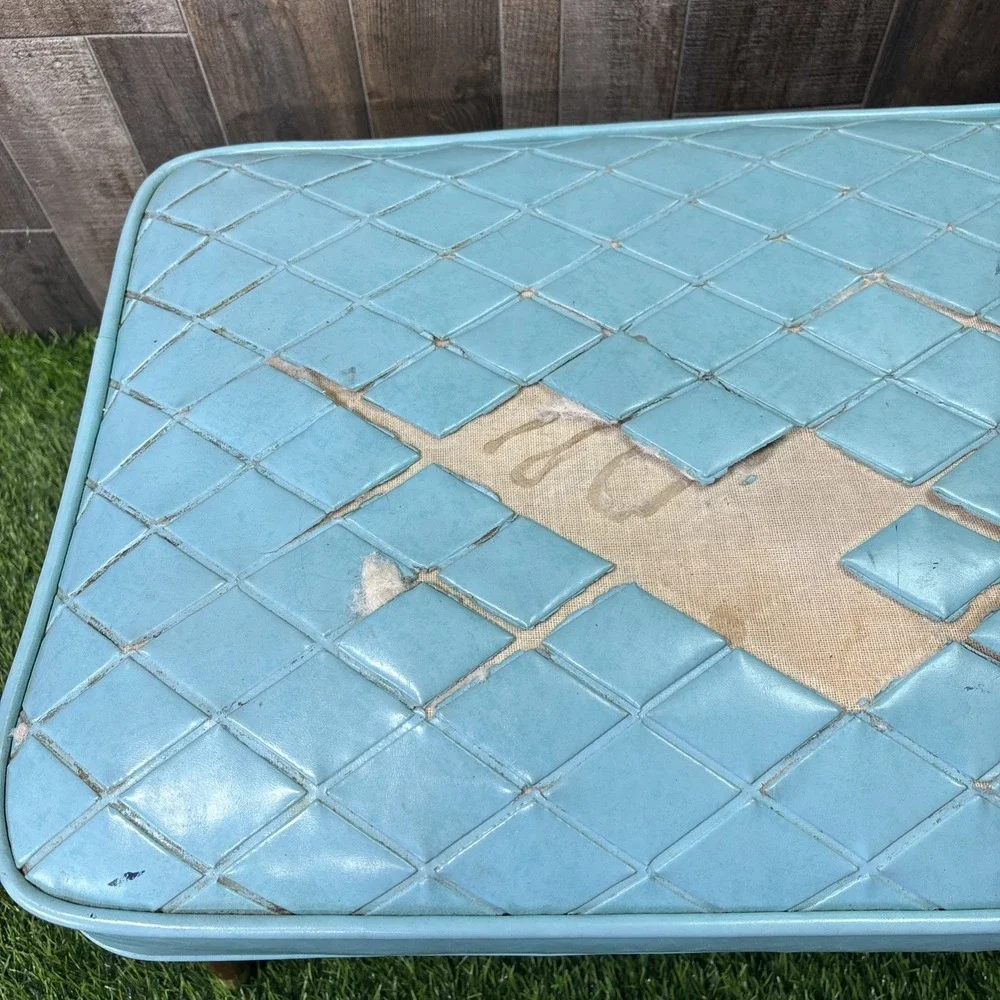 Vintage MCM Vinyl Bench Ottoman Blue Diamond Tufted Needs Repair